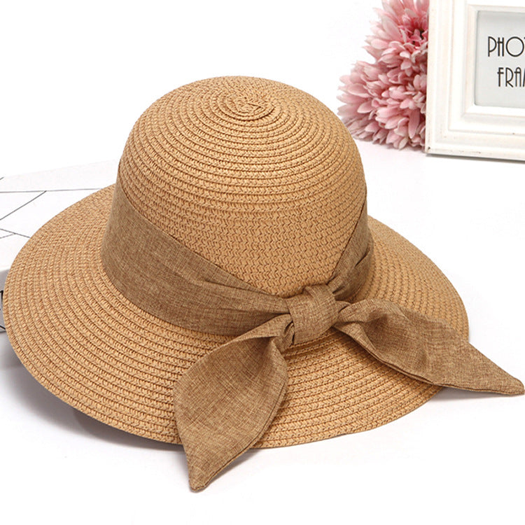 Hat Women's summer Korean version wide brim beach sun hat foldable bow straw hat Women's sun hat