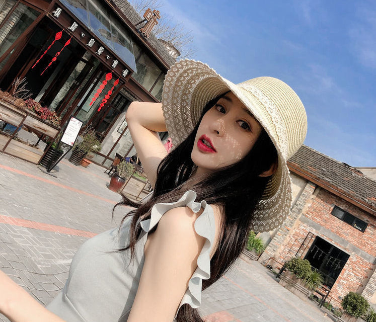 Hat Women's Net Red Summer Lace Bowknot Beach Straw Hat Korean Version Small Fresh Holiday Sandal Hat Sunscreen Hat