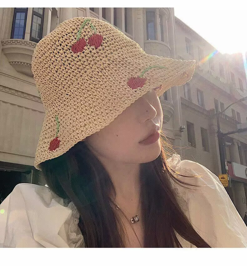 Summer outing hollow breathable small cherry woven straw hat women's foldable new sunshade sun hat