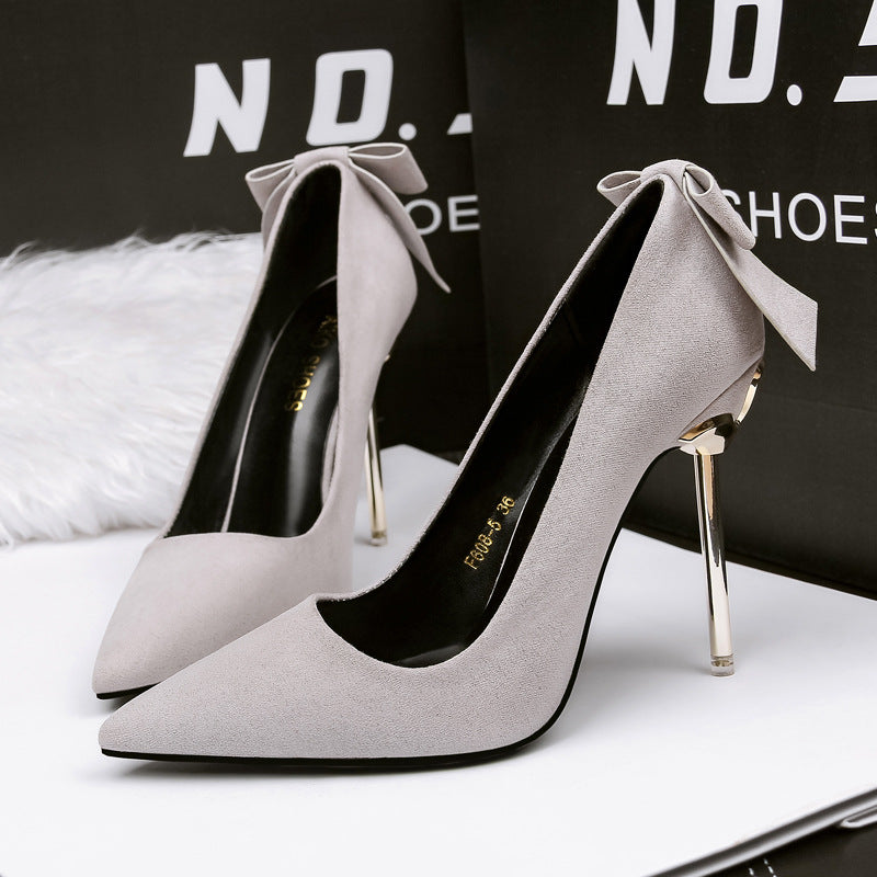 Korean version of fashionable suede pointed bow shallow thin heel sexy high heels simple professional OL women's shoes