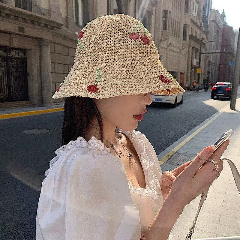 Summer outing hollow breathable small cherry woven straw hat women's foldable new sunshade sun hat