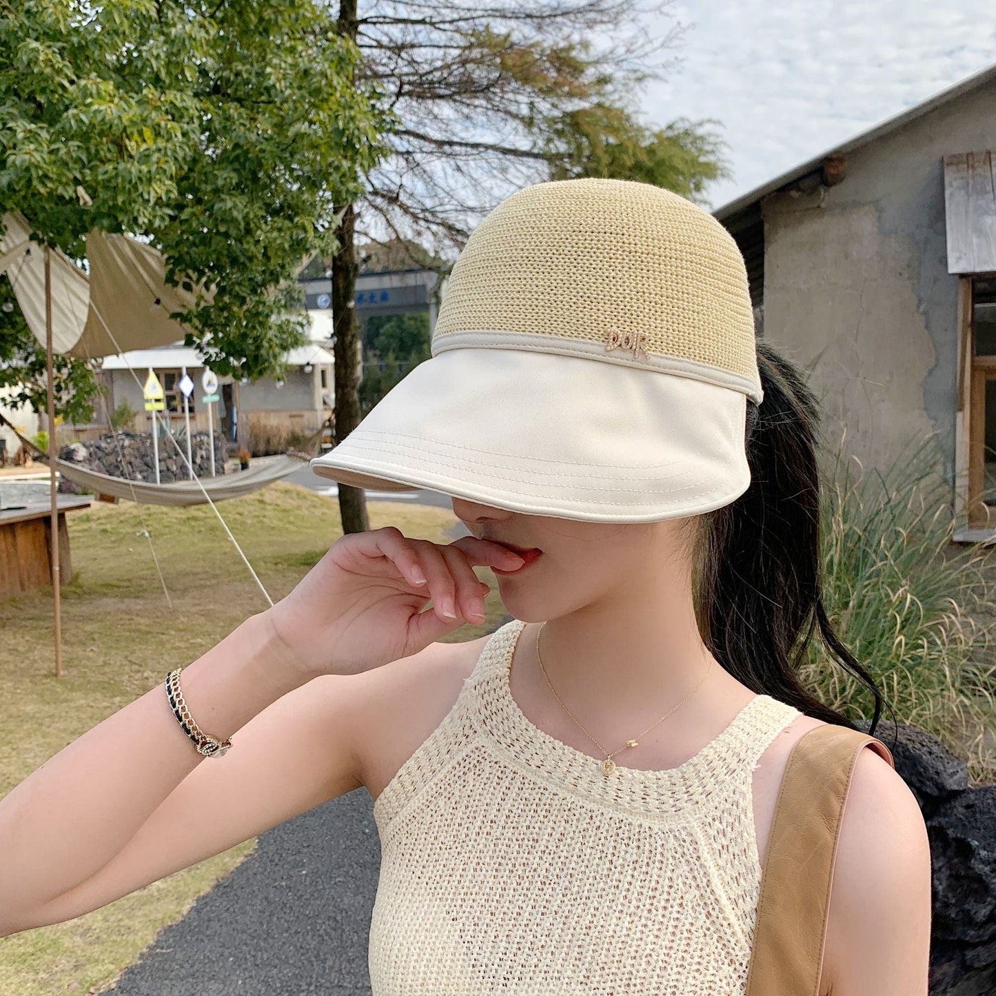 2023 new hat women's spring and summer sun visor hat fashion show face small splicing sun hat travel sandal