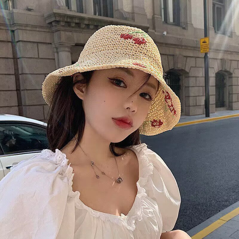 Summer outing hollow breathable small cherry woven straw hat women's foldable new sunshade sun hat