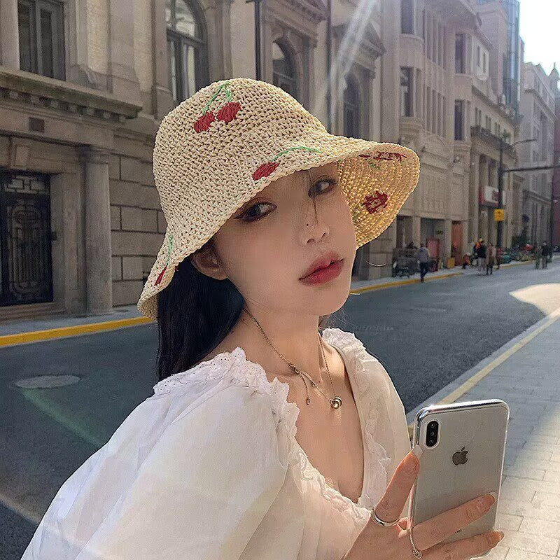 Summer outing hollow breathable small cherry woven straw hat women's foldable new sunshade sun hat