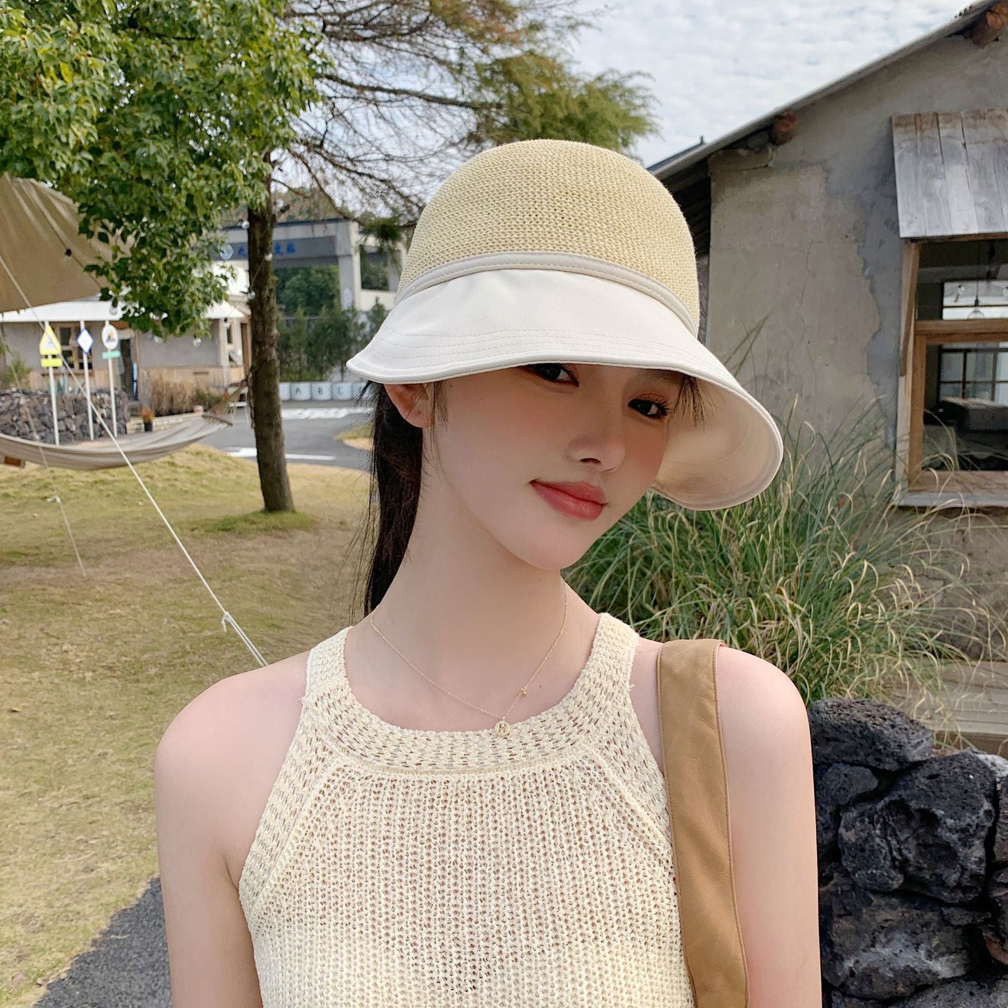 2023 new hat women's spring and summer sun visor hat fashion show face small splicing sun hat travel sandal