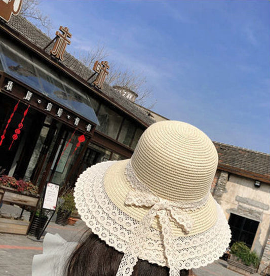 Hat Women's Net Red Summer Lace Bowknot Beach Straw Hat Korean Version Small Fresh Holiday Sandal Hat Sunscreen Hat