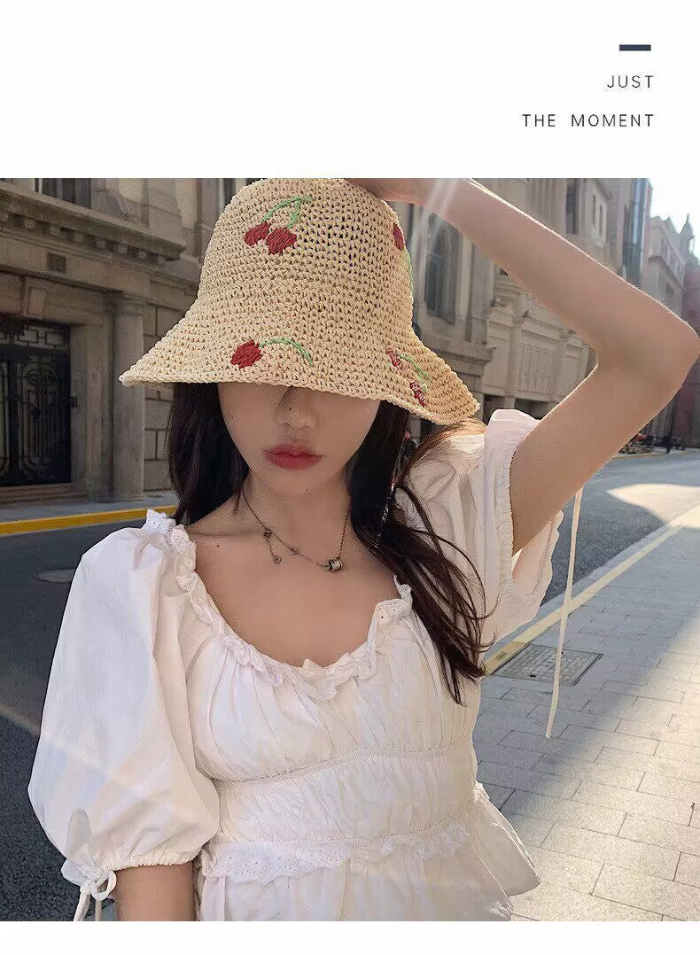 Summer outing hollow breathable small cherry woven straw hat women's foldable new sunshade sun hat