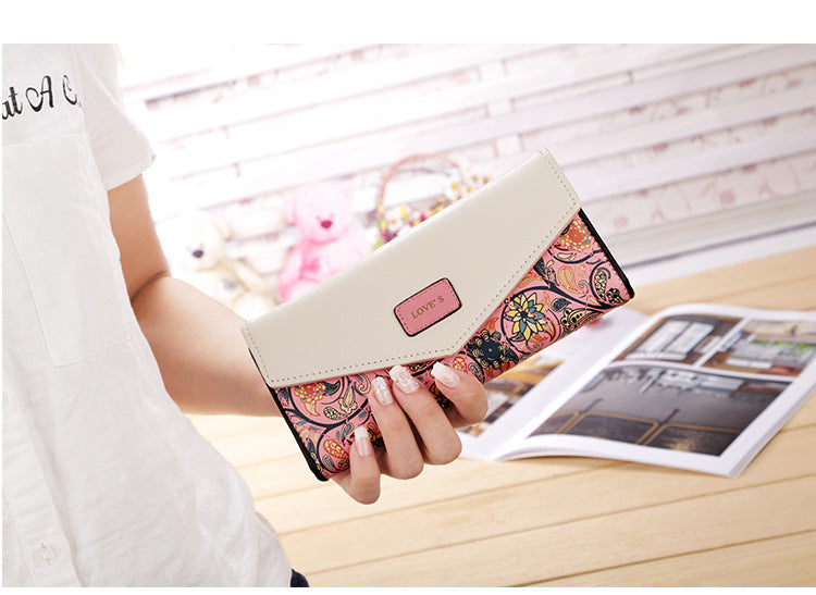 Popular Korean version of foreign trade small flower rhombus contrast color envelope buckle women's purse long purse handbag leather bag