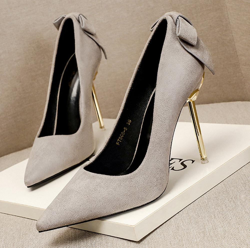 Korean version of fashionable suede pointed bow shallow thin heel sexy high heels simple professional OL women's shoes